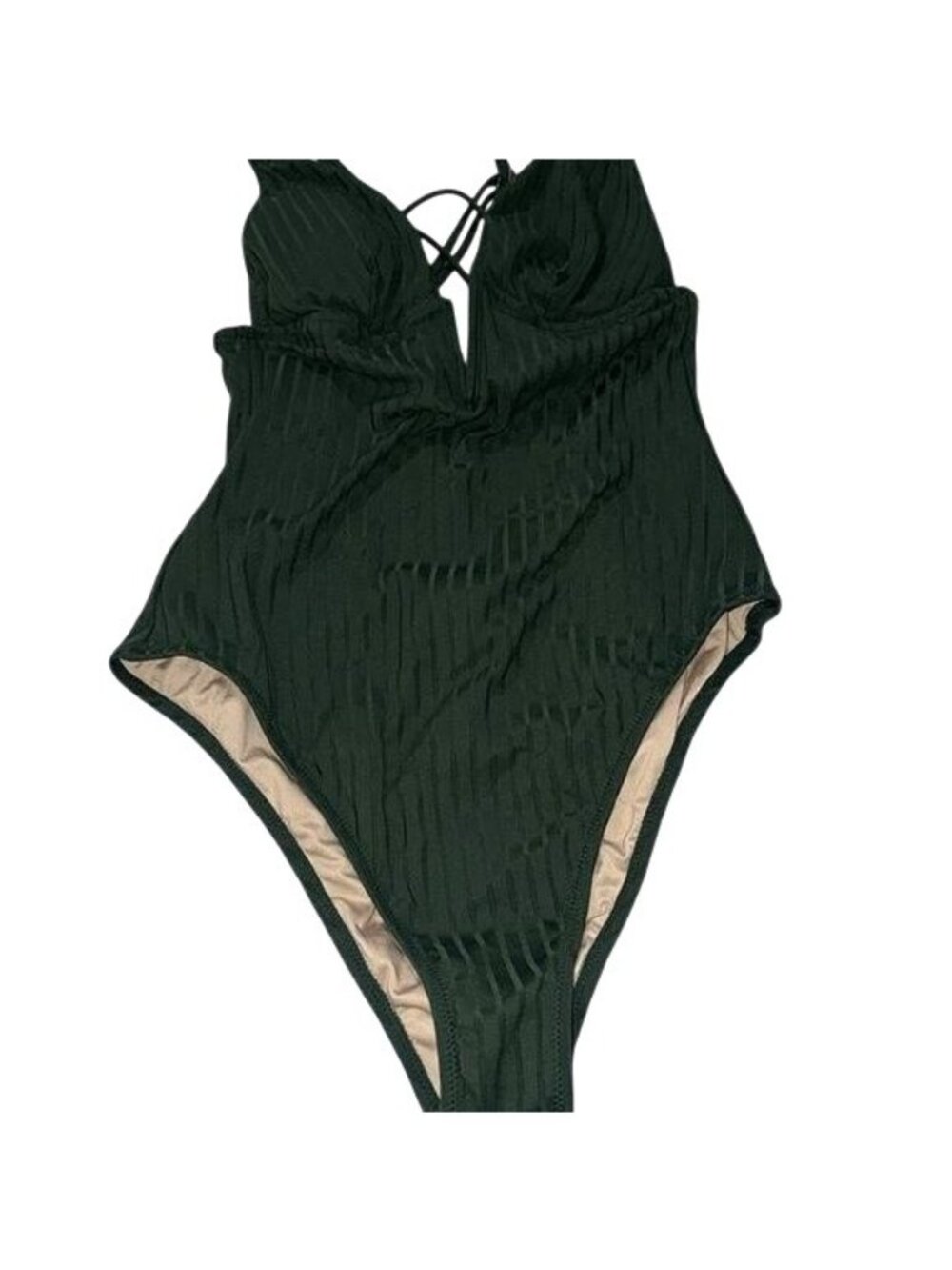 Shade & Shore Womens Ribbed Deep V-Neck One-Piece Swimsuit Cross Back M Made In - Picture 4 of 7